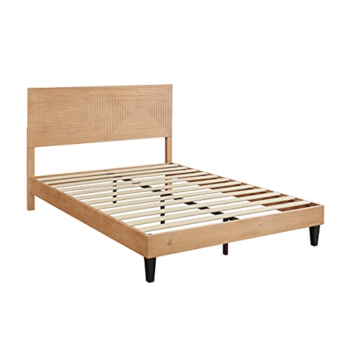 MUSEHOMEINC Solid Wood Full Size Bed Frame with Adjustable Height Headboard, Mid Century Modern Style, Mattress Foundation with Wooden Slat Support,No Box Spring Needed,Easy Assembly (Full)