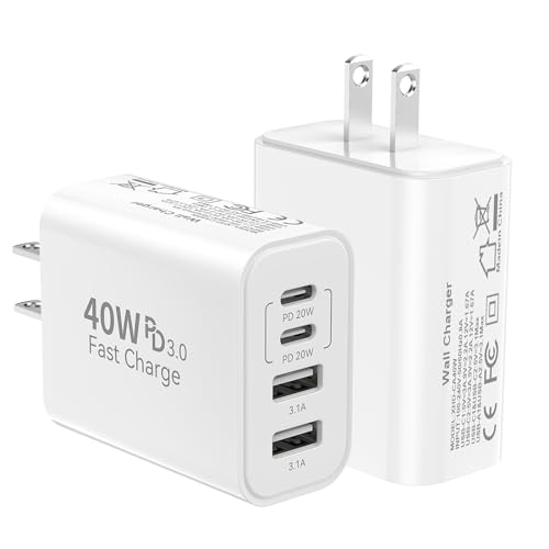 USB C Wall Charger, 2-Pack 40W USB C Fast Charger Block 4-Port Dual PD & QC Power Adapter Multiport Charger Cube Wall Plug Multiple Type C Brick Charger for iPhone 16/15/14/13/12/Pro Max/XS/XR,iPad