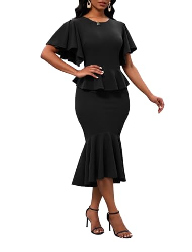 Ruffle Sleeve Fishtail Dress for Women Evening Elegant Cocktail Formal Peplum Midi Mermaid Dresses(Black Small)