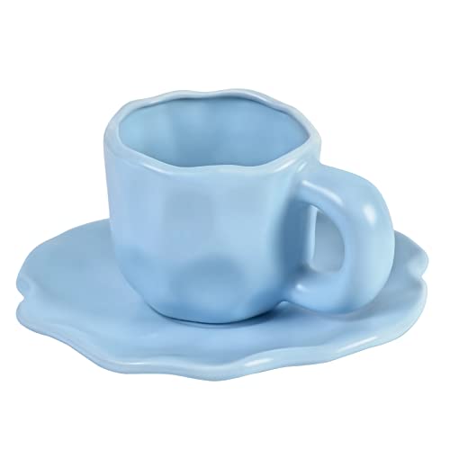 Koythin Ceramic Coffee Mug with Saucer Set, Cute Creative Morandi Style Cup Saucer for Office and Home, Dishwasher and Microwave Safe, 8.5 oz/250 ml for Latte Tea Milk (Blue)