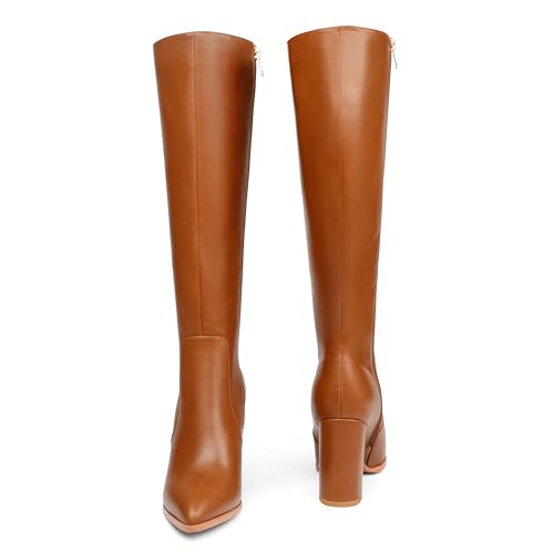 COLETER Women's Knee High Boots Pointed Toe Chunky Gogo Boots Zipper Block Heeled Tall Dress Boots Matte Off White 10.5US