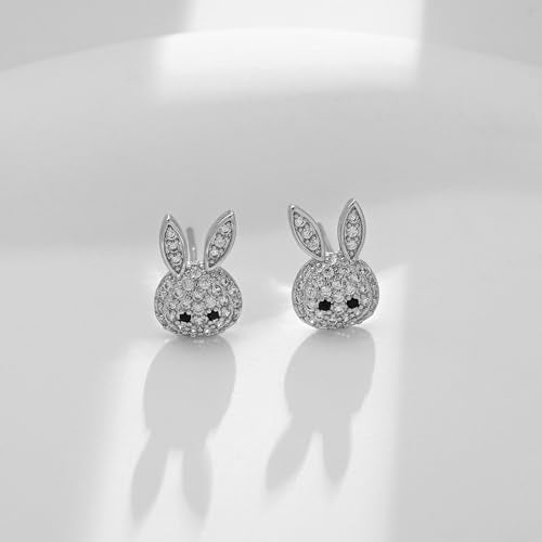 ENSKEFEN Cute Easter Earrings for Women Tiny CZ Rabbit Stud Earrings Funny Bunny Crystal Earrings Silver Rhinestone Earrings Holiday Gifts