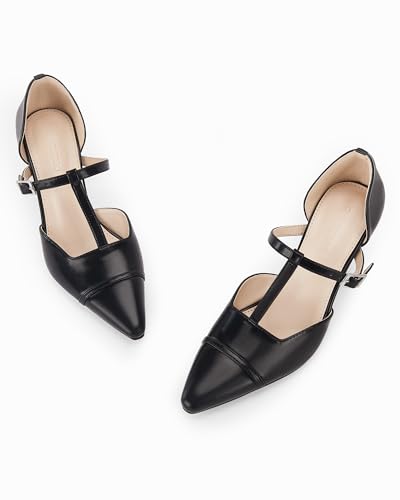 Coutgo Womens Kitten Heels T Strap Pumps Closed Pointed Toe D'Orsay Work Office Dress Shoes, Beige, Size 10