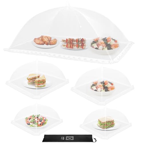 Food Covers, 1 Extra Large (40"X23.7") & 2 (17"X17")& 2 (14"X14"), 5 Pack White Mesh Plate Serving Tents, Pop-Up Umbrella Screen Tents, Jumbo Food Net for Outdoor Picnics Parties BBQ