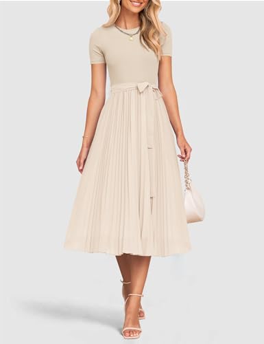 ZESICA Womens Summer Short Sleeve Midi Dresses Spring Casual Crew Neck Knit Belted Pleated A Line Flowy Wedding Guest Dress,Apricot,Small