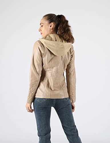 Tanming Women's Womens Hooded Faux leather Jackets (X-Small, Apricot)