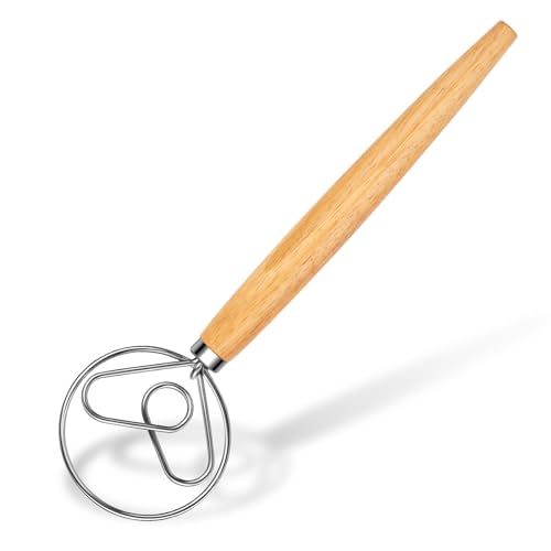 Maxjoy Danish Dough Whisk Wooden Bread Whisk with Stainless Steel Dough Hook - Traditional Dutch Whisk - Dough Mixer Hand Tool & Sourdough Bread Making Tools and Supplies