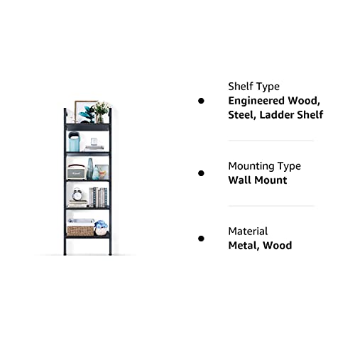ODK Ladder Shelf, 5 Tier Black Bookshelf, 72 Inch Wall Mounted Book Shelf with Metal Frame, Ladder Bookshelf Bookcase for Bedroom, Home Office and Living Room