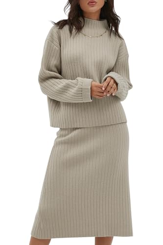 CHYRII Womens Fashion Two Piece Outfits Mock Neck Oversized Sweater Tops Skirt Sets Sweater Dress Lounge Sets Beige XS