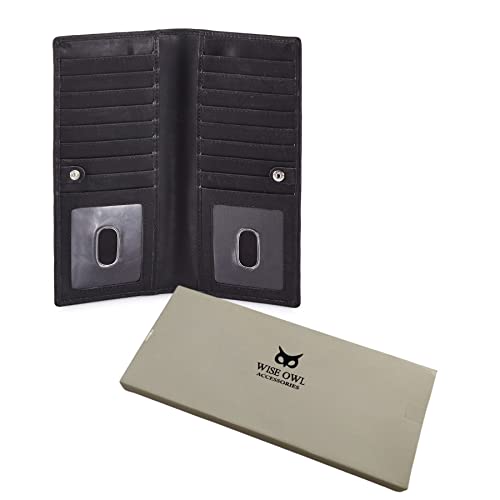 Long Wallet for Men Women Real Leather Bifold RFID Stylish Slim Handmade 2 ID Window Credit Card Holder in Gift Box (Black, Crazy Horse)