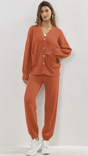 ETCYY NEW Women's 2 Piece Outfit Lounge Set Trendy Cardigan Sweater Pants Sets V Neck Button Pocket Knit Matching Loungewear (Striped Beige, M)