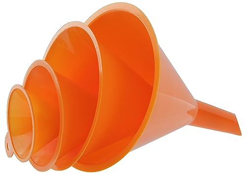 4-Piece All Purpose Wide-Mouth Bright Orange Plastic Funnel Set for Quick and Clean Transferring Liquids, Dry Goods, Between Pitchers, Bottles, Cans and Containers
