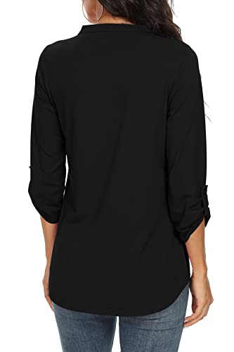 NILOUFO Womens Casual Summer Shirts Notch V Neck Blouses 3/4 Roll Sleeve Tops Tunics(Acid Blue, Medium)