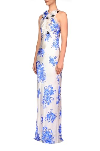 Rodarte, Blue And White Floral Printed Silk Bias Gown With Lace Details, 2, White/Blue