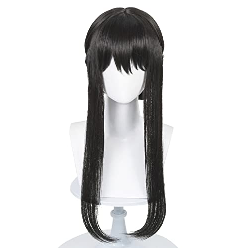 LABEAUTÉ Black Wig for with Bun Anime Straight Black Wig with Bangs Halloween Costume Party Wig + Wig Cap (Black)