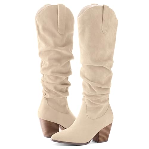 mysoft Women's Cowboy Knee-High Boots Pointed Toe Mid Chunky Heel Pull On Slouchy Boots with Zippers