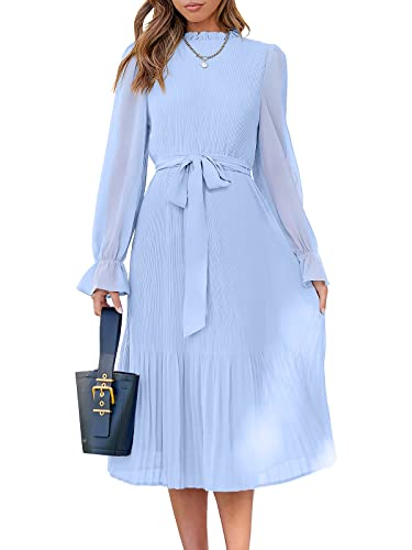 ANRABESS Women's Floral Midi Dress Puff Long Sleeve Casual Ruffle Chiffon A-Line Swing Pleated Belted Tea Party Dresses Floral Navy Medium