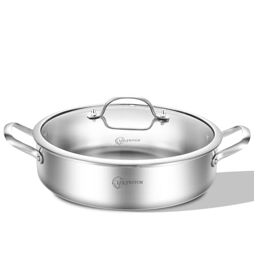 LOLYKITCH 3 Quarts Tri-Ply Stainless Steel Sauté Pan wih Lid,9-1/2 Inch Deep Fry pan,Small Skillet,Jumbo Cooker,Induction Pan,Dishwasher and Oven Safe.