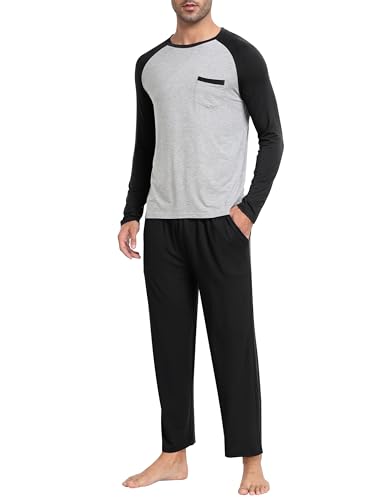 MoFiz Men's Pajama Set Long Sleeve Crew Neck Shirts Bottom Pants Modal Soft & Comfortable Sleeping Well Made Light Weight Jammies Suit (B-Black,M)