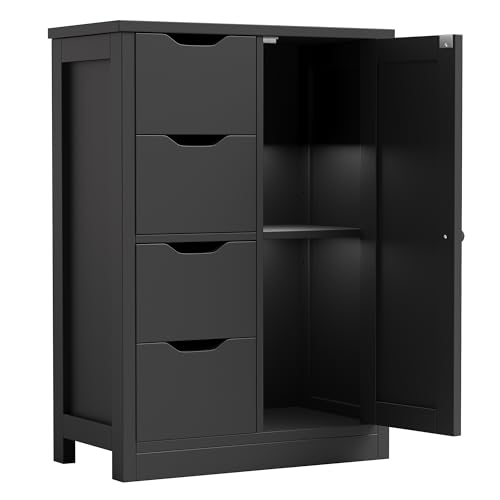 Vongrasig Bathroom Floor Storage Cabinet, Wooden Storage Organizer with 4 Drawers and 1 Door, Freestanding Pantry Cabinet with Adjustable Shelves for Bathroom, Living Room, Kitchen, Entryway, Black