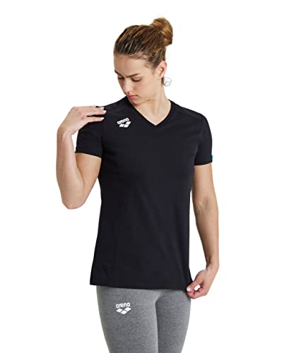 ARENA Team Women's Panel Cotton T-Shirt Short Sleeve V-Neck Active Tee Regular Fit Lightweight Athletic Top Gym Exercise Training, Black, XX-Small