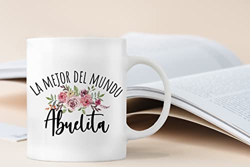 QASHWEY Best Grandma in The World Floral Coffee Mugs Mug, Abuelita Grandma Birthday Mother's Day Gifts From Grandkids,La Mejor Del Mundo Abuelita Spanish Double Side Printed Ceramic Mug Cup 11 Ounce