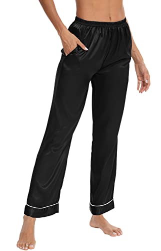 SWOMOG Women's Silk Satin Pajama Bottoms Wide Leg Pants Loose Lounge Lightweight Palazzo Pants Pj Casual Trousers with Pockets