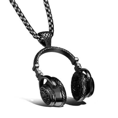 LXSSLY Black Headphone Necklace for Men,Hip Hop Punk Rock Headphones Pendant,Goth Music Charm Pendant Necklace,Cool Stainless Steel Jewelry for Men Women