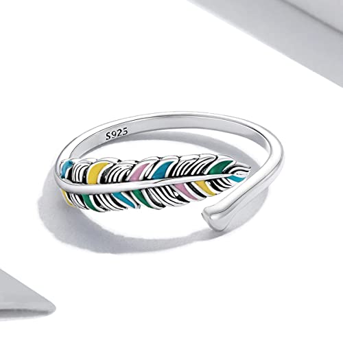 Feather Ring 925 Sterling Silver Adjustable Coloful Plumage Wing Ring for Wife Girlfriend Daughter Mother Sister for Birthday Wedding Anniversary Engagement Feather Angel Wings Open Ring