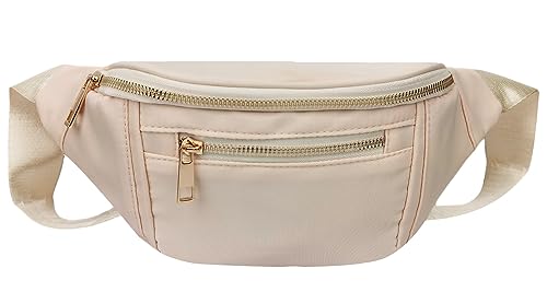 Fashionable Fanny Pack Crossbody for Women,Waist Bag Pack,Belt Bag for Travel Walking Running Hiking Cycling,Easy Carry Any Phone,Wallet (Beige,Gold zipper)