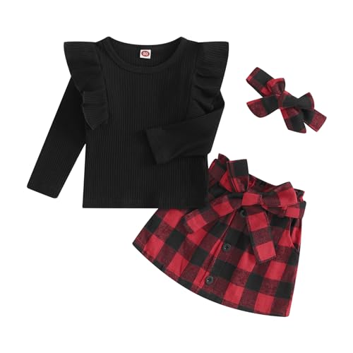 Fernvia Toddler Kids Baby Girl Christmas Outfits Turtleneck Ribbed Knit Tops Plaid Button Mini Skirts 2Pcs Fall Winter Clothes Set (B-Black, 6-12 Months)