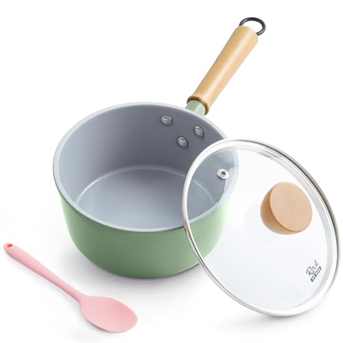 ROCKURWOK Ceramic Nonstick Sauce Pan with Lid, 1.5 Qt Small Pots for Cooking, Small Pot Wooden Handle for Cool Touch, Non Toxic & Pfas-Free Saucepan, Universal Base(Gas, Electric & Induction), Green