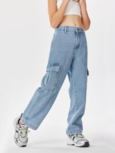 Haloumoning Girls Jeans Denim Elastic High Waisted Wide Leg Baggy Cargo Pants with Pockets 5-14 Years