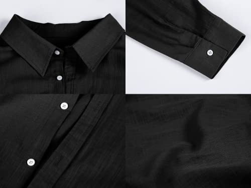 Runcati Mens Linen Casual Long Sleeve Shirt Cotton Tees Loose Fit Button Down Roll Up Summer Beach Yoga Tops (Large, Black-2)