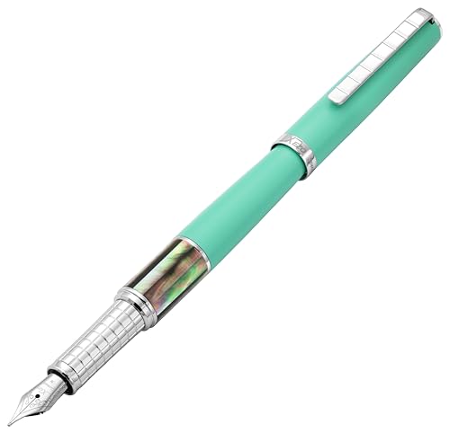 Xezo Speed Master Fountain Pen, Medium Nib, Matte Aqua Green with Tahitian Black Mother of Pearl. Chrome Plated. Lightweight Brass Body. No Two Alike