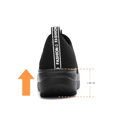 Oude All Black Wedge Sneakers for Women Support | Womens Workout Shoes Comfy | Womans Loafers Walking On Air | Thick Rocking Bottom Size 6