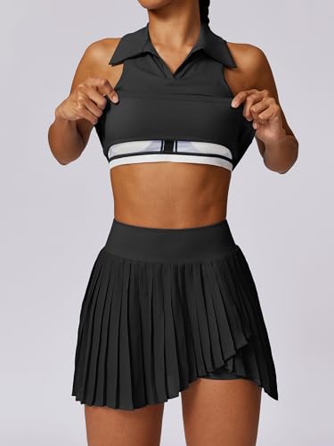 ABOCIW Tennis Outfits for Women 2 Piece High Waist Pleated Tennis Skirt Collared V Neck Sleeveless Racerback Workout Workout Crop Top Bra Athletic Golf Outfits Rose Large