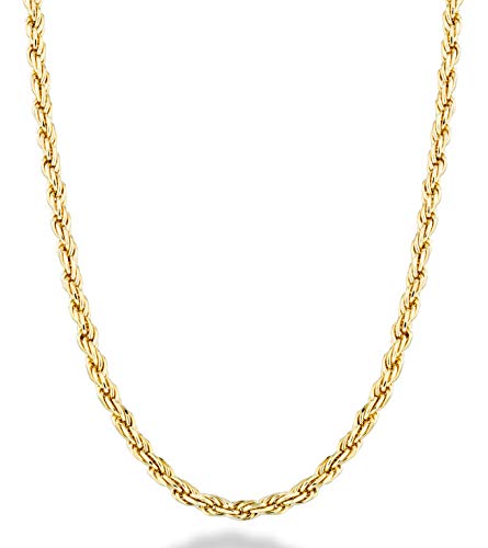 Miabella Italian Solid 18K Gold Over 925 Sterling Silver 2mm, 3mm Diamond-Cut Braided Rope Chain Necklace for Men Women, Made in Italy (2mm, Length 16 Inches)