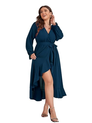SCOMCHIC Women Plus Size Wedding Guest Maxi Dress Long Sleeve Wrap V Neck High Low Split Ruffle Cocktail Dress with Belt White