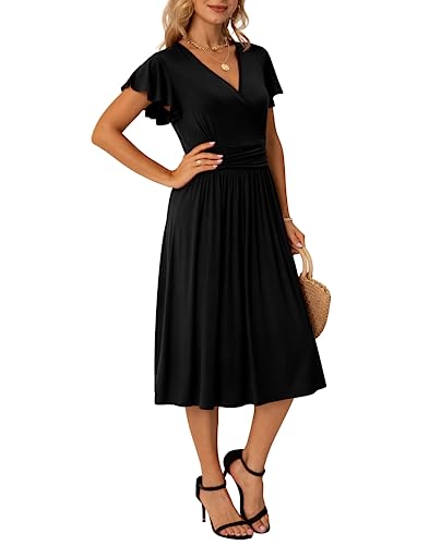 GRECERELLE Summer Dress for Women, Casual Short Sleeve Dresses, Wrap V-Neck Party Dress with Pockets (Medium, FP Leaf Print)