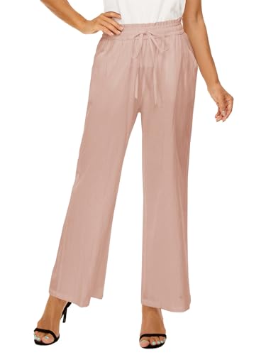 LNX Linen Pants for Women Striped High Waisted Wide Leg Drawstring Casual Loose Pants with Pockets