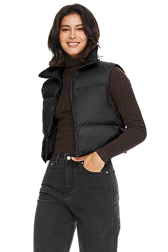 Orolay Women's Cropped Puffer Vest Winter Crop Down Vest Lightweight Sleeveless Outerwear Padded Gilet Black S