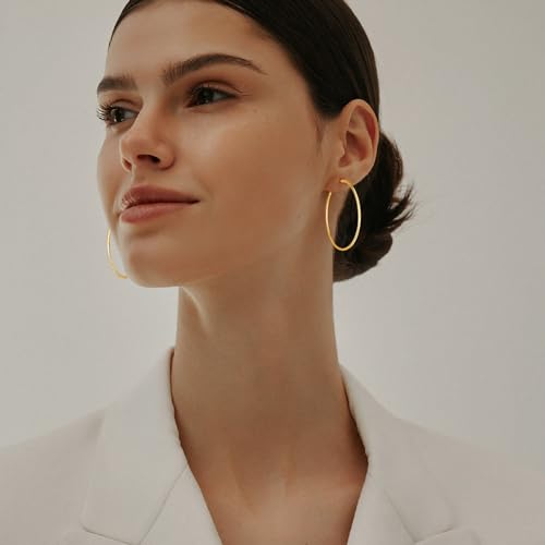 PICKBEAU Gold Dangle Hoop Earrings for Women, 14K Gold Plated Stainless Steel Earrings Drop Hypoallergenic Hoops Earrings(50mm)