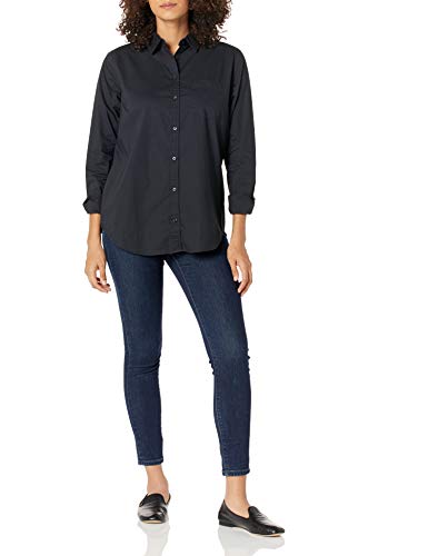 Amazon Essentials Women's Classic-Fit Long-Sleeve Button-Down Poplin Shirt, Black, Medium