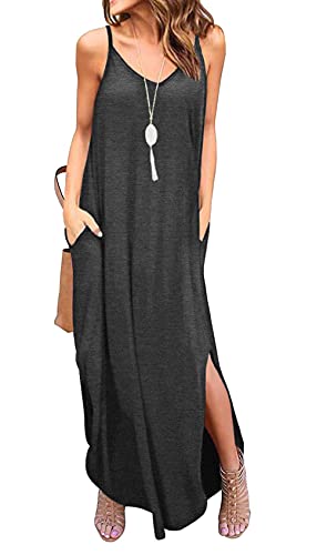 GRECERELLE Women's Summer Casual Loose Dress Spaghetti Strap Beach Cover Up Long Cami Polka Dot Casual Maxi Dress with Pocket Cashew Blue-Green Small