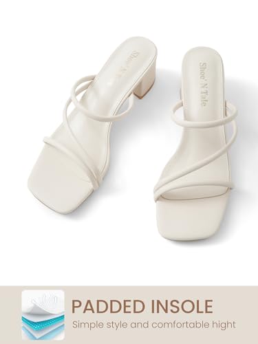 Shoe'N Tale Strappy Heels For Women Low Chunky Block Heel Heeled Sandals Square Open Toe Slip On Slides Mules(6,Natural Nude)