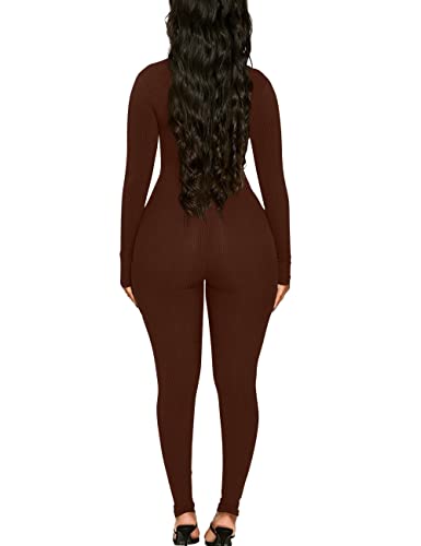 Mizoci Women's Sexy Bodycon Long Sleeve One Piece Jumpsuit V Neck Zip Up Ribbed Full Romper, S, Coffee