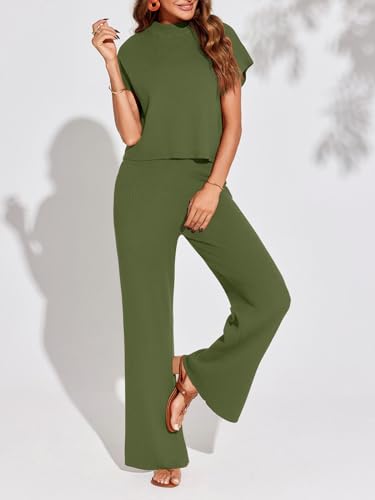 Imily Bela Women's 2 Piece Outfits Sweater Knit Sets Mock Neck Short Sleeve Tops Wide Leg Pants Casual Tracksuit