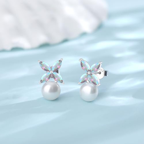 BAMIKI Pearl Earrings for Women, Aurora Borealis Crystal Earrings, Four Leaf Clover Zircon with 925 Sterling Silver Stud Earrings, Horse-Eye Gemstone Freshwater 8-8.5MM Cultured Pearls Fashion Jewelry