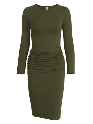 Missufe Long Sleeve Ruched Casual Sundress Women's Bodycon Sheath Knee Length Dresses (Camel, Small)
